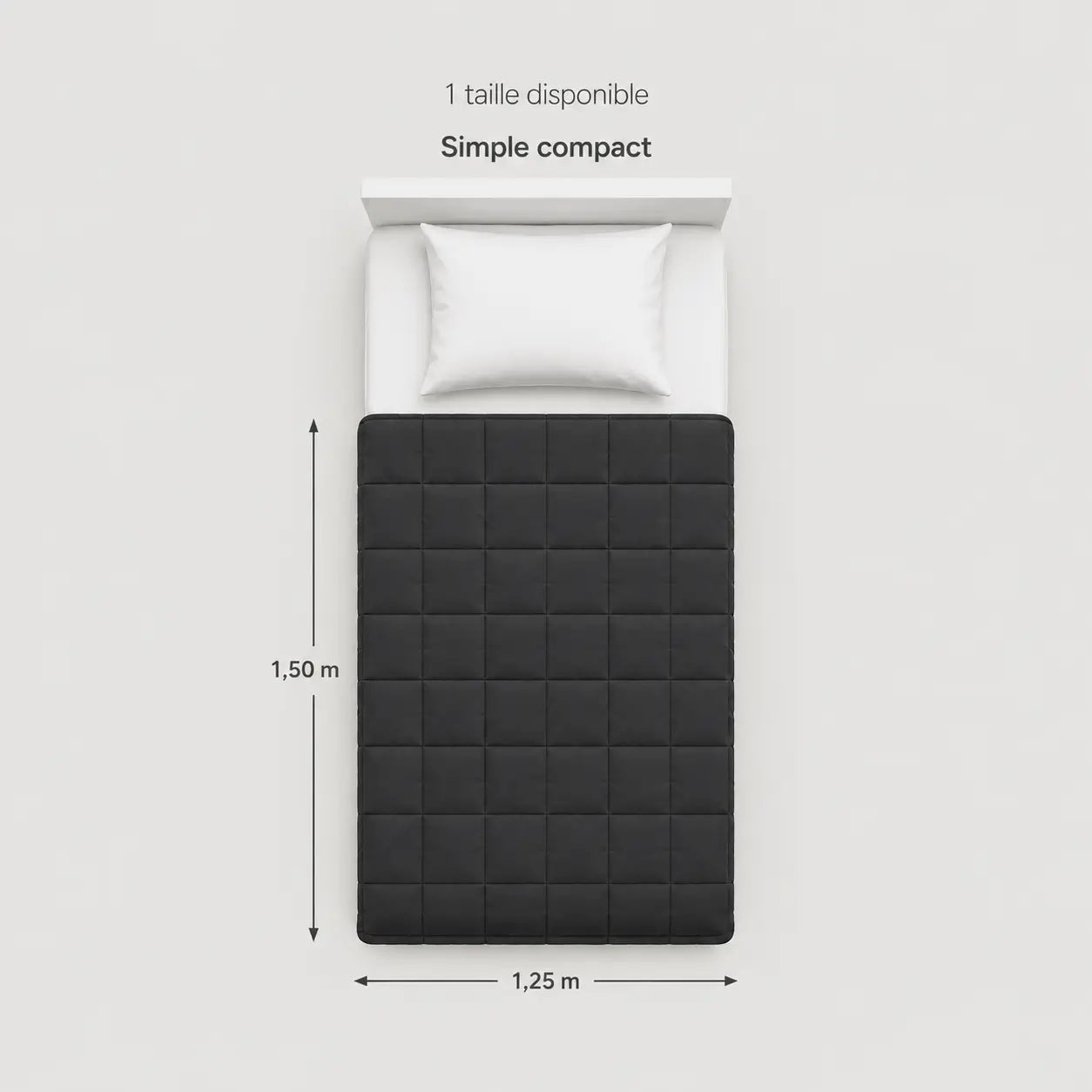 Schéma des dimensions de la couverture lestée simple compact 125 × 150 cm, présentée sur un lit simple vu de dessus avec repères de dimensions.