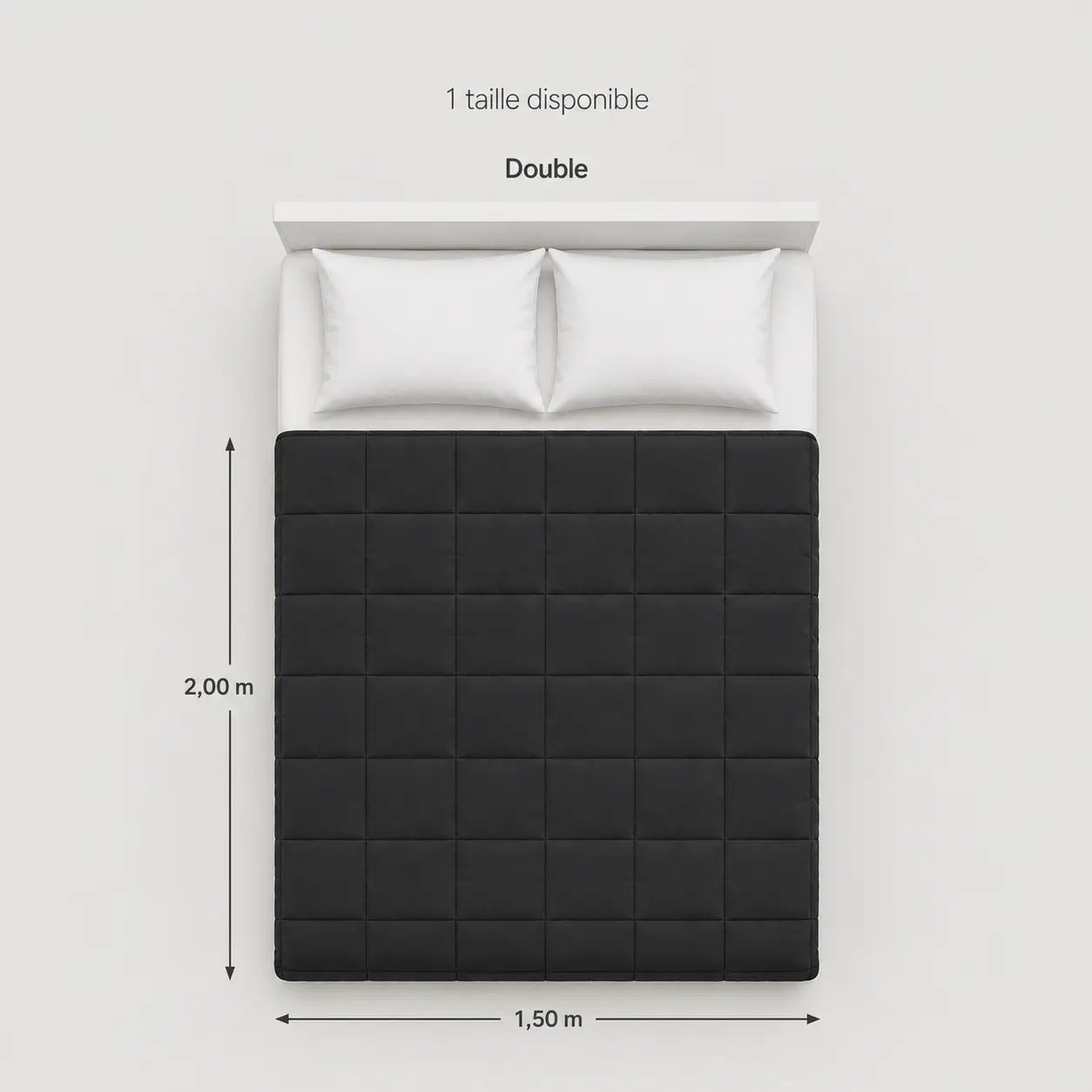 Schéma des dimensions de la couverture lestée double 150 × 200 cm présentée sur un lit double avec repères de taille.