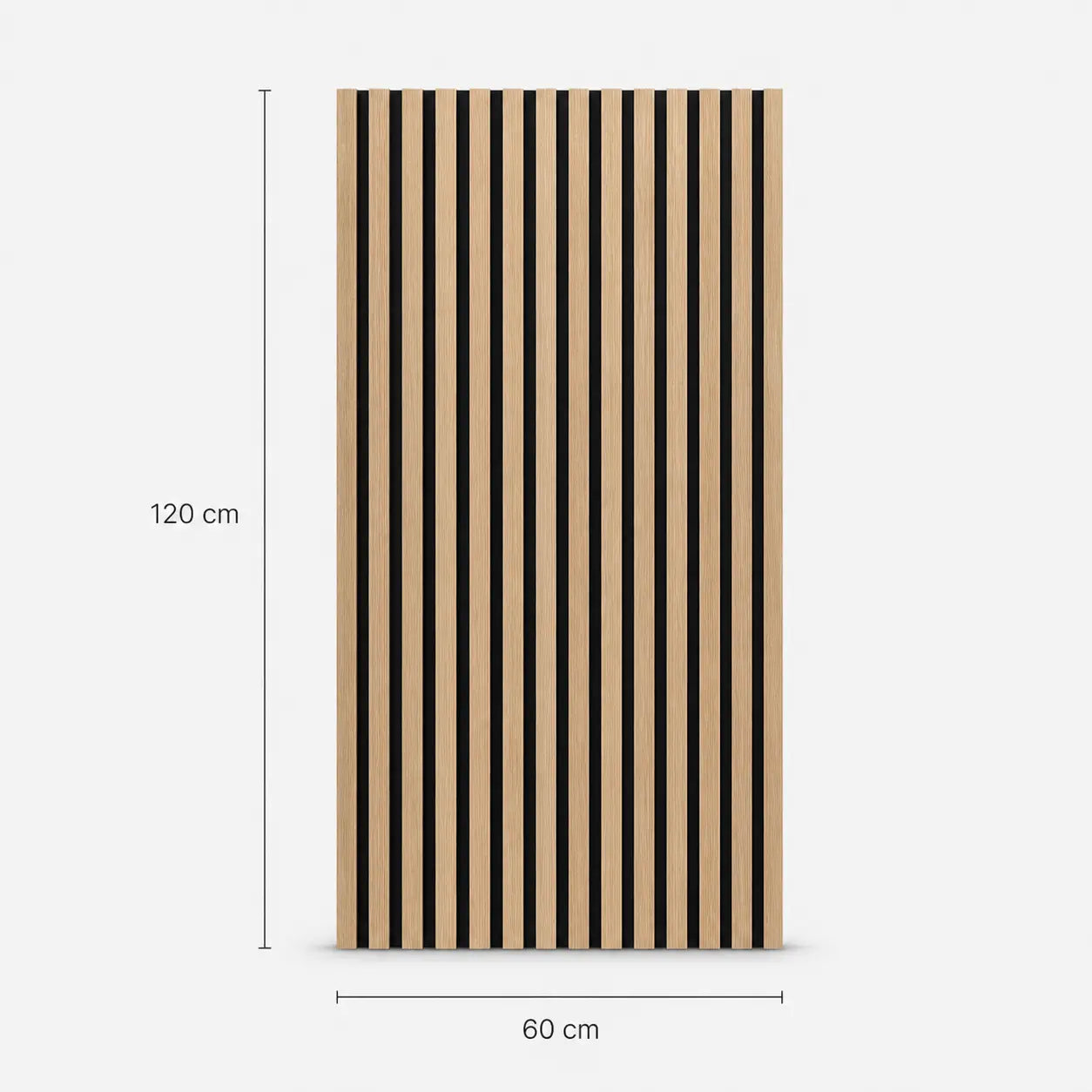 Panneau acoustique en bois avec lattes verticales et dimensions de 60 x 120 cm.
