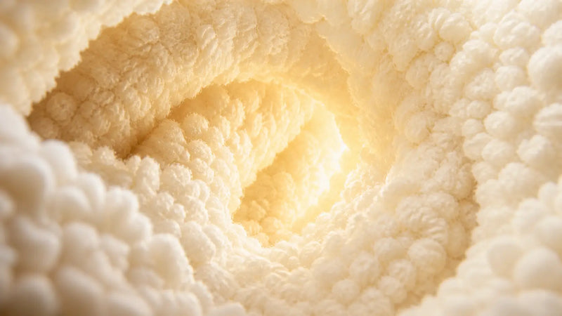 Vue macro de la texture sherpa douce et moelleuse utilisée pour une couverture lestée cocooning.