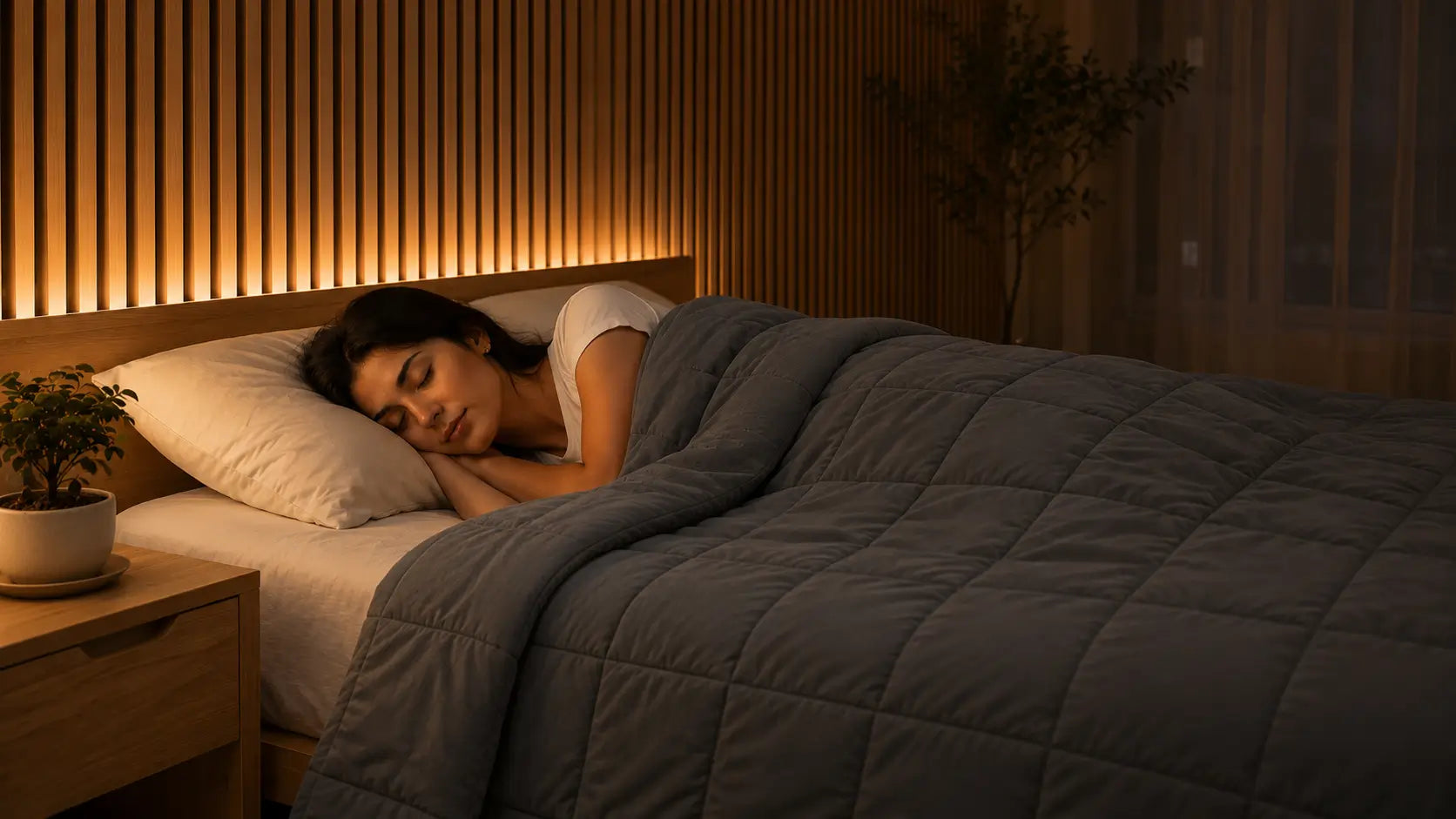 Femme endormie sous une couverture lestée dans une chambre chaleureuse avec panneaux acoustiques sur le mur.