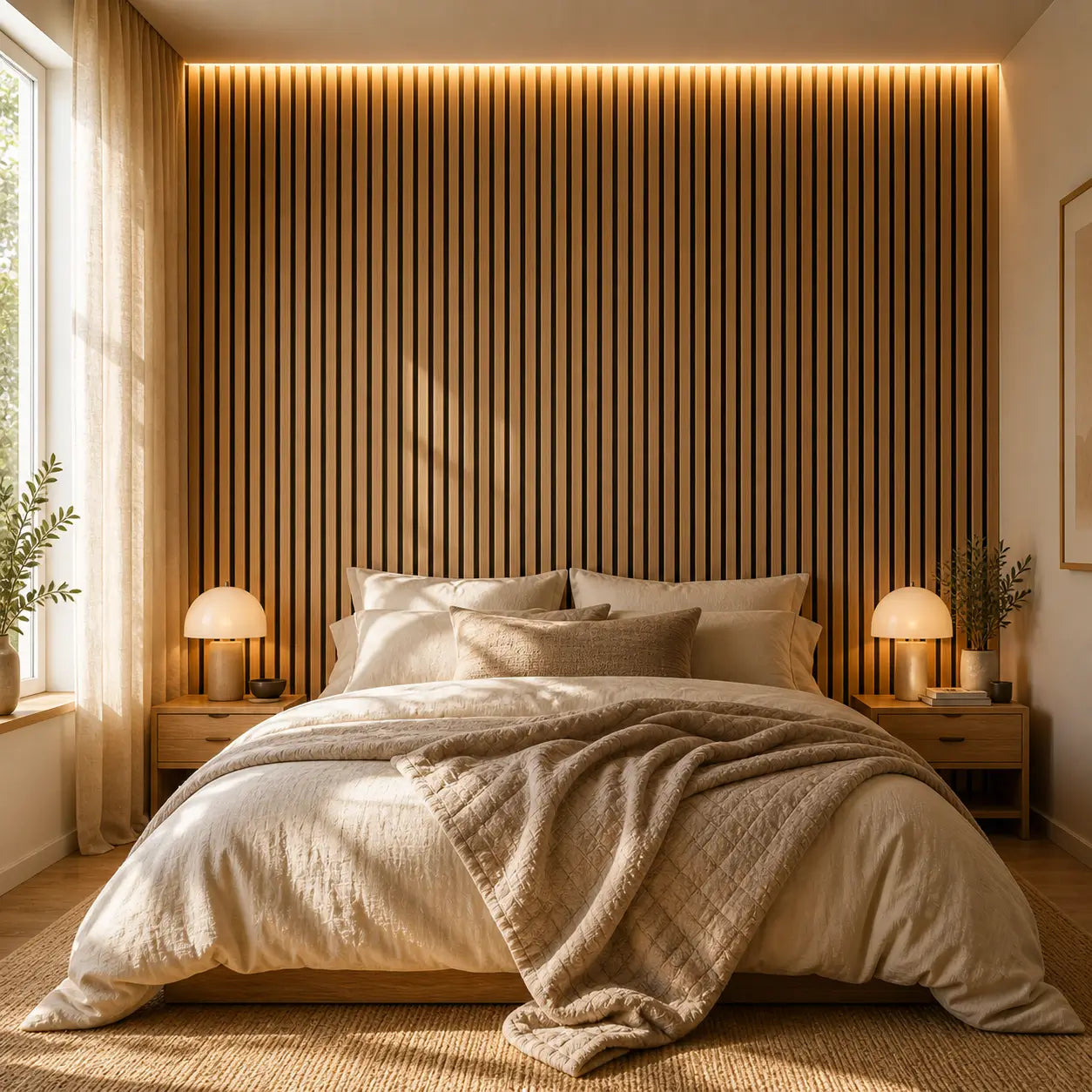 Chambre moderne et chaleureuse avec panneaux acoustiques en bois derrière le lit et éclairage LED intégré.