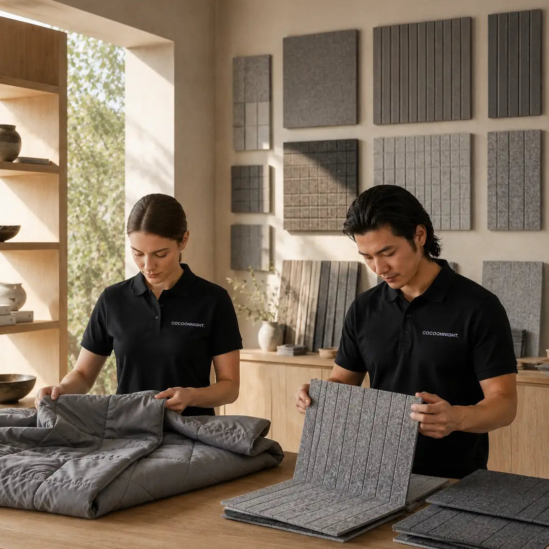 Employés Cocoon Night réalisant le contrôle qualité de panneaux acoustiques et couvertures lestées dans un atelier chaleureux et minimaliste.