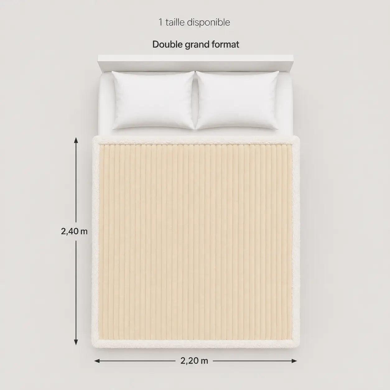 Guide des tailles de la couverture Aura en double grand format, avec dimensions 2,20 m x 2,40 m présentée sur un lit deux places.