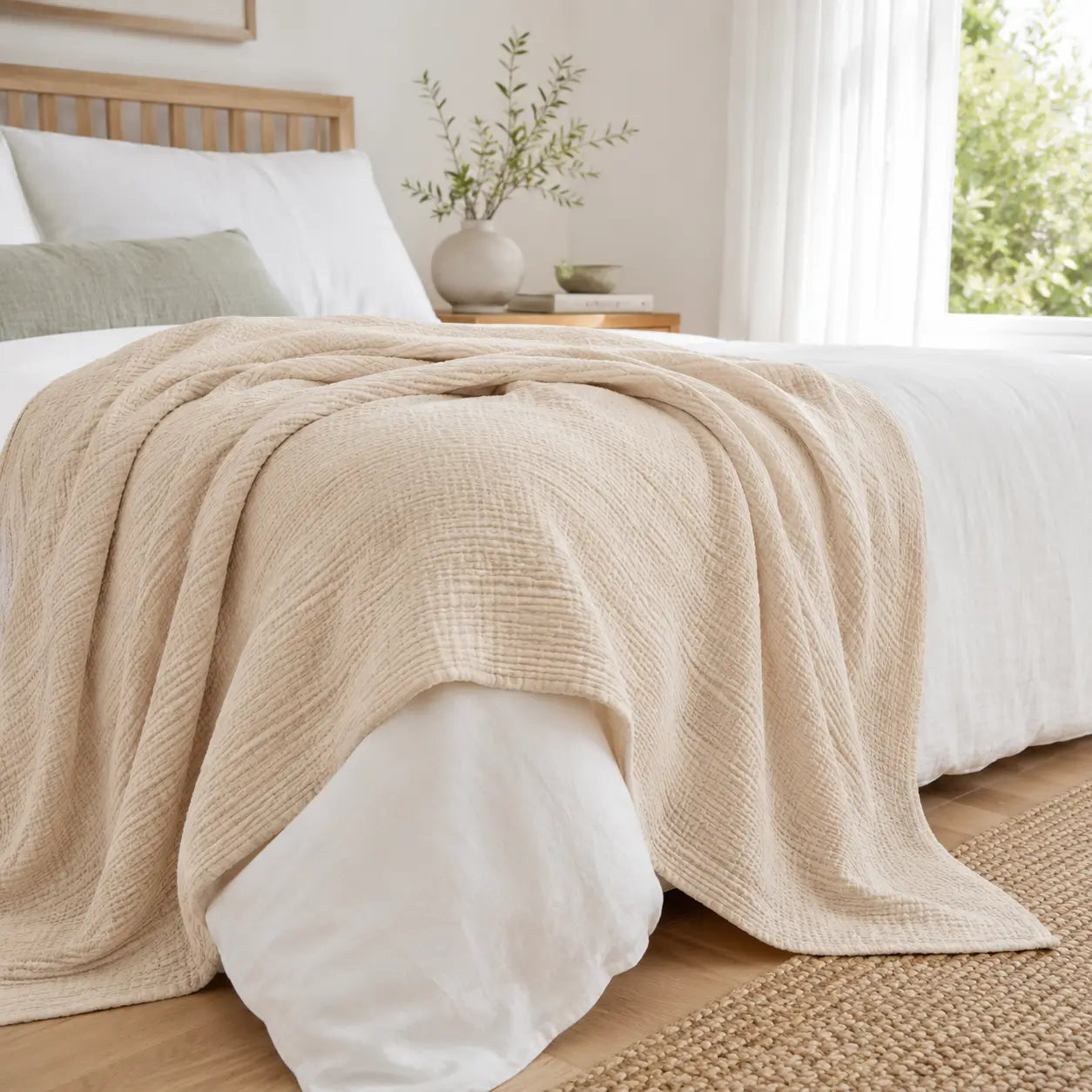 Couverture d’été Amaya beige, légère et respirante, drapée sur un lit dans une chambre lumineuse.