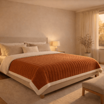 Couverture lestée brune installée sur un lit double dans une chambre.