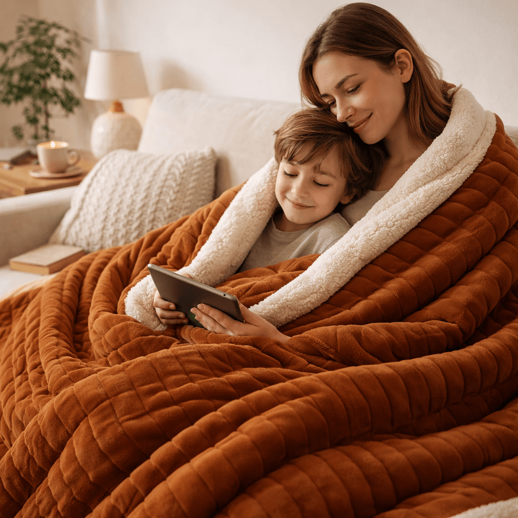 Femme et enfant assis sur un canapé sous une couverture lestée brune.