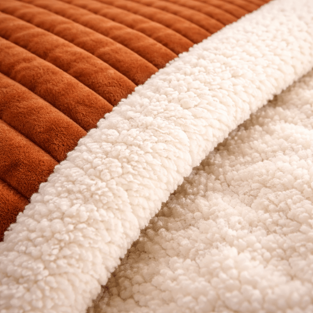 Détail d’une couverture lestée brune montrant la surface extérieure et l’intérieur.