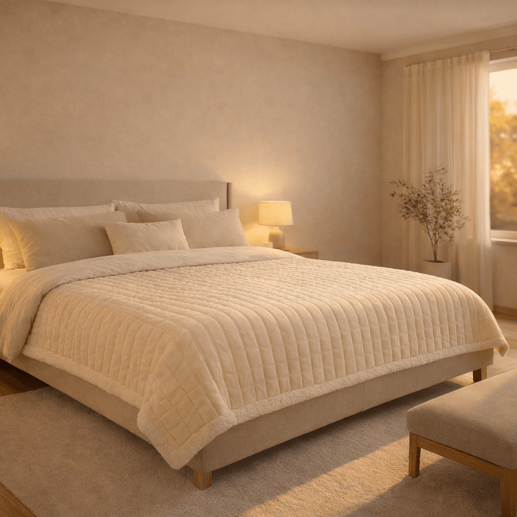 Couverture lestée crème installée sur un lit dans une chambre.