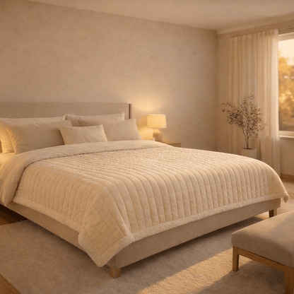 Couverture lestée crème installée sur un lit dans une chambre.