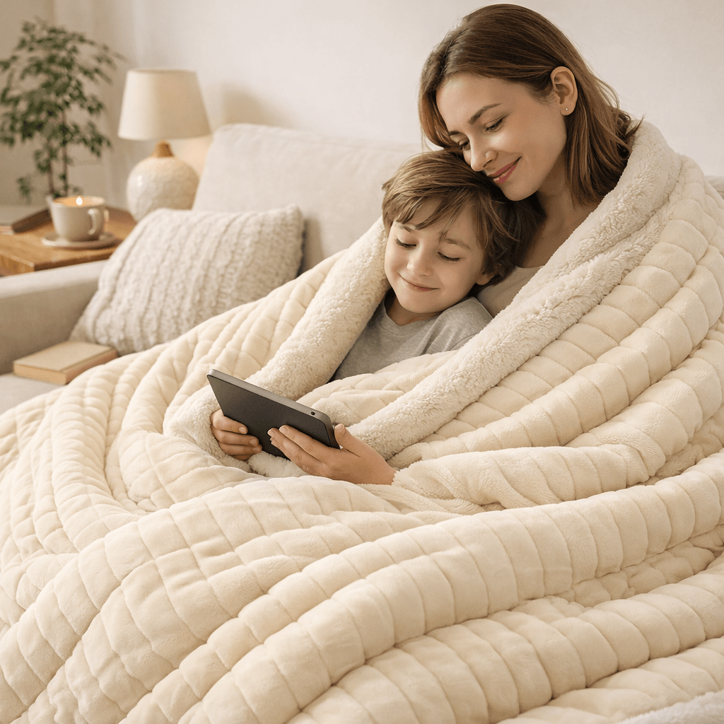 Femme et enfant assis sur un canapé sous une couverture lestée crème.