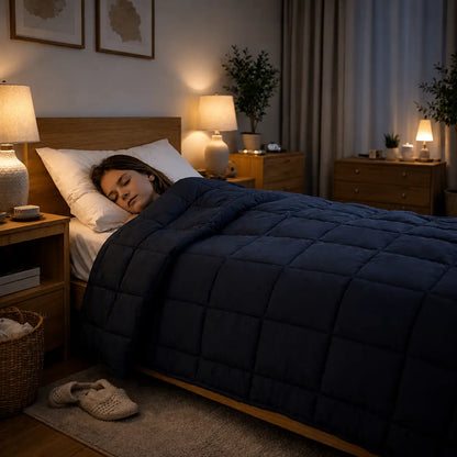 Jeune fille dormant sous une couverture lestée grise Cocoon Night dans une chambre à l’ambiance nocturne.