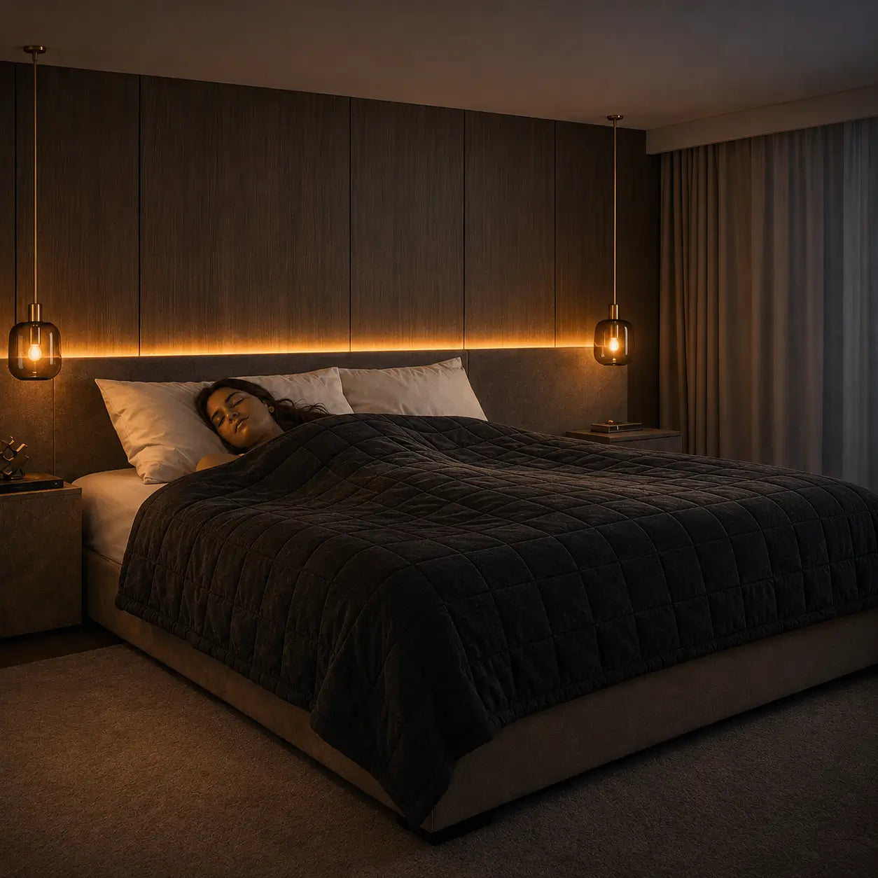 Couverture lestée noire CocoonNight sur un lit dans une chambre design minimaliste avec éclairage tamisé et ambiance nocturne chaleureuse.
