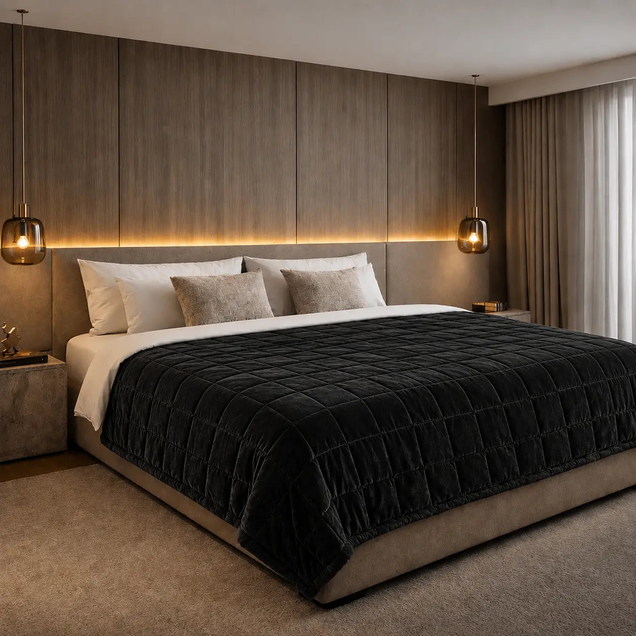 Couverture lestée noire en flanelle sur un lit dans une chambre moderne et chaleureuse avec éclairage tamisé.