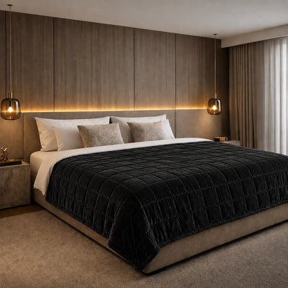 Couverture lestée noire en flanelle sur un lit dans une chambre moderne et chaleureuse avec éclairage tamisé.