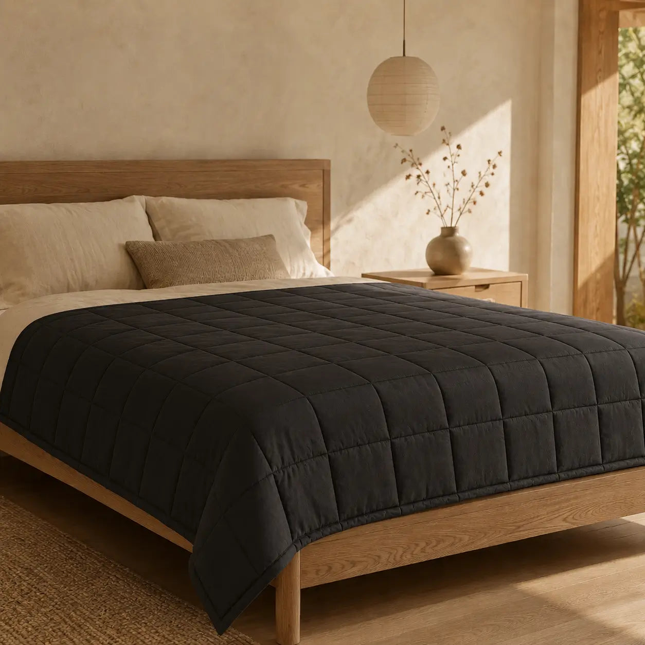Couverture Nexus grise matelassée disposée sur un lit dans une chambre Japandi lumineuse, avec ambiance douce et naturelle.