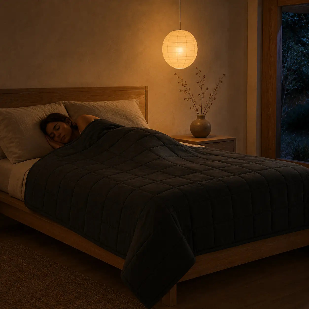 Couverture Nexus grise matelassée utilisée sur un lit dans une chambre à l’ambiance nocturne douce et chaleureuse.