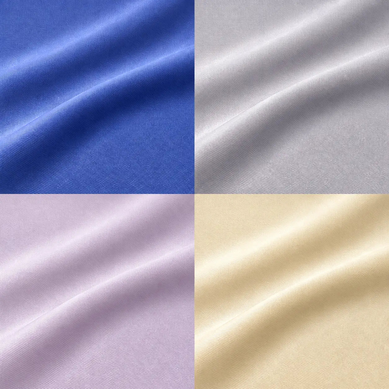 Aperçu des 4 coloris de la couverture rafraîchissante en tissu soie glacée : bleu roi, gris perle, lilas clair et crème vanille.
