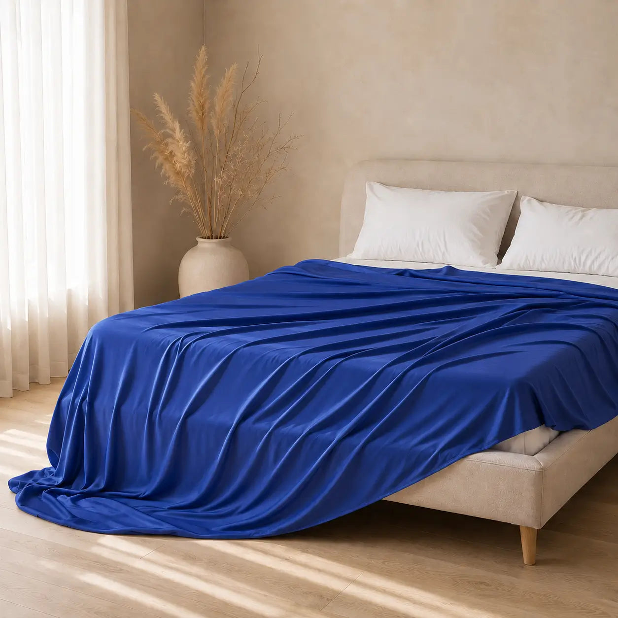 Couverture rafraîchissante Azur bleu roi en tissu effet soie glacée, drapée sur un lit beige dans une chambre minimaliste lumineuse aux tons neutres.