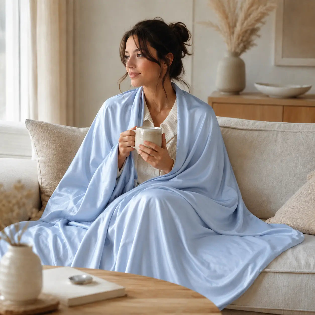 Femme installée sur un canapé, enveloppée dans la couverture rafraîchissante Marea bleu poudré, dans un salon lumineux au style Japandi.