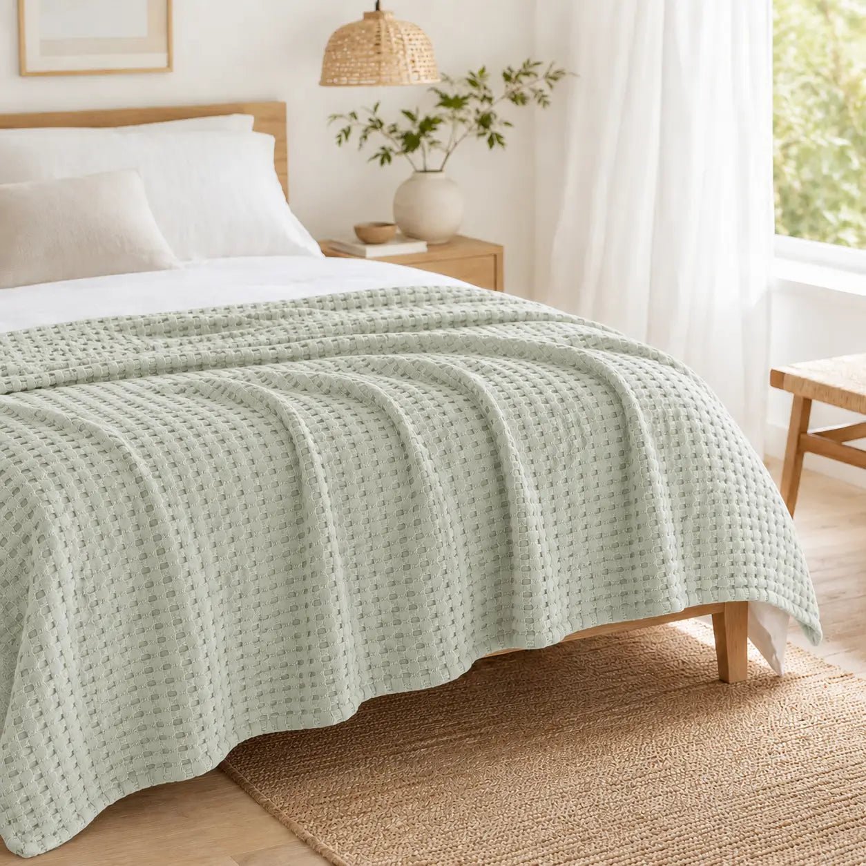 Couverture rafraîchissante Nuvia en fibre de bambou vert sauge, posée sur un lit dans une chambre lumineuse au style naturel et apaisant.