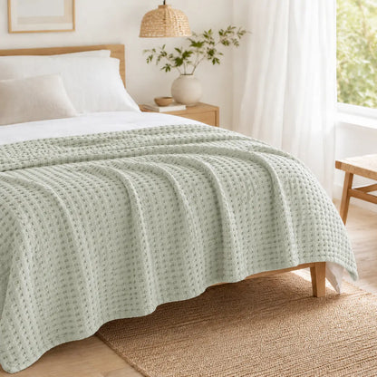 Couverture rafraîchissante Nuvia en fibre de bambou vert sauge, posée sur un lit dans une chambre lumineuse au style naturel et apaisant.