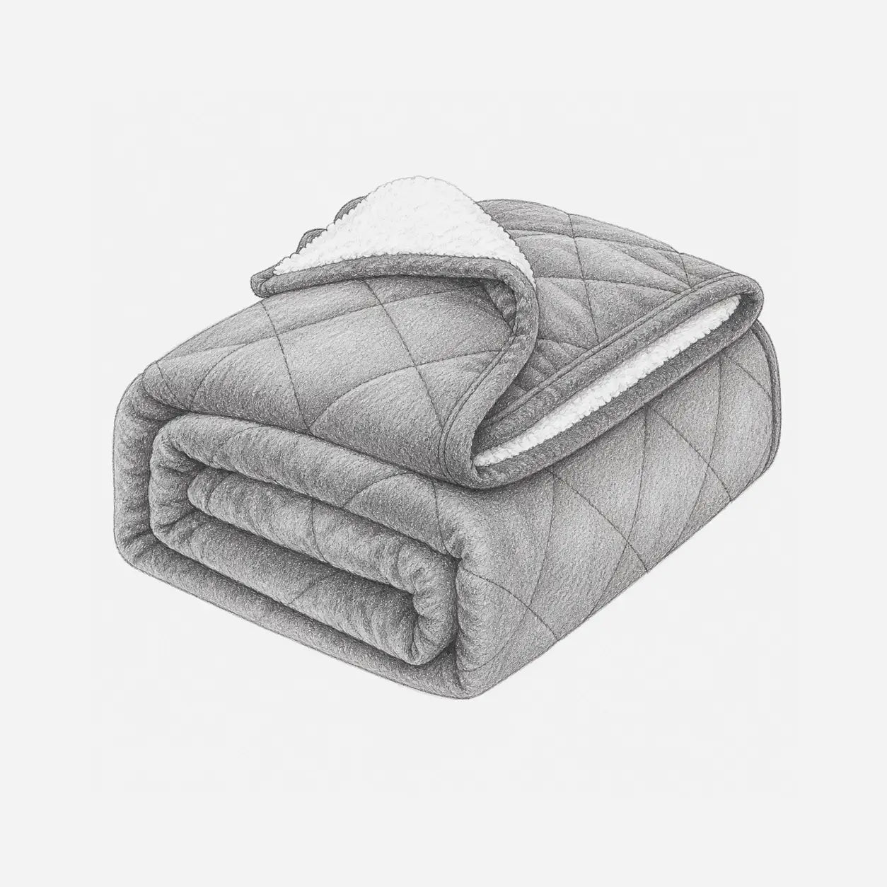 Illustration d’une couverture lestée pliée avec extérieur en flanelle grise et intérieur sherpa doux.