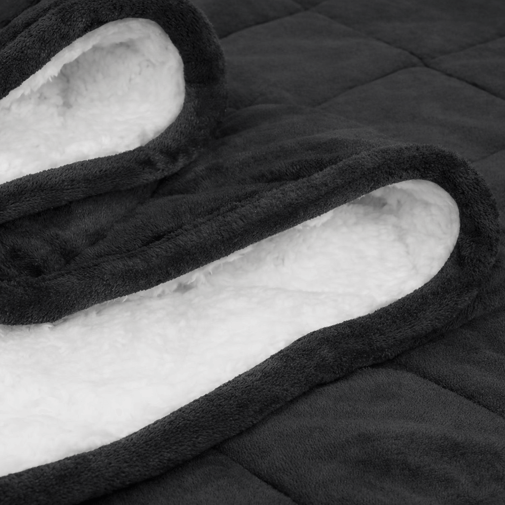 Détail de la texture d’une couverture lestée noire avec extérieur en flanelle et doublure sherpa blanche.