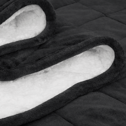 Détail de la texture d’une couverture lestée noire avec extérieur en flanelle et doublure sherpa blanche.