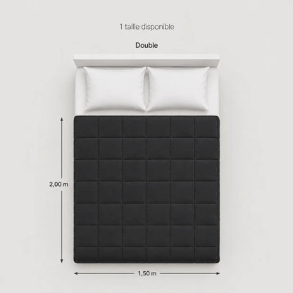 Schéma des dimensions de la couverture lestée double 150 × 200 cm présentée sur un lit double avec repères de taille.