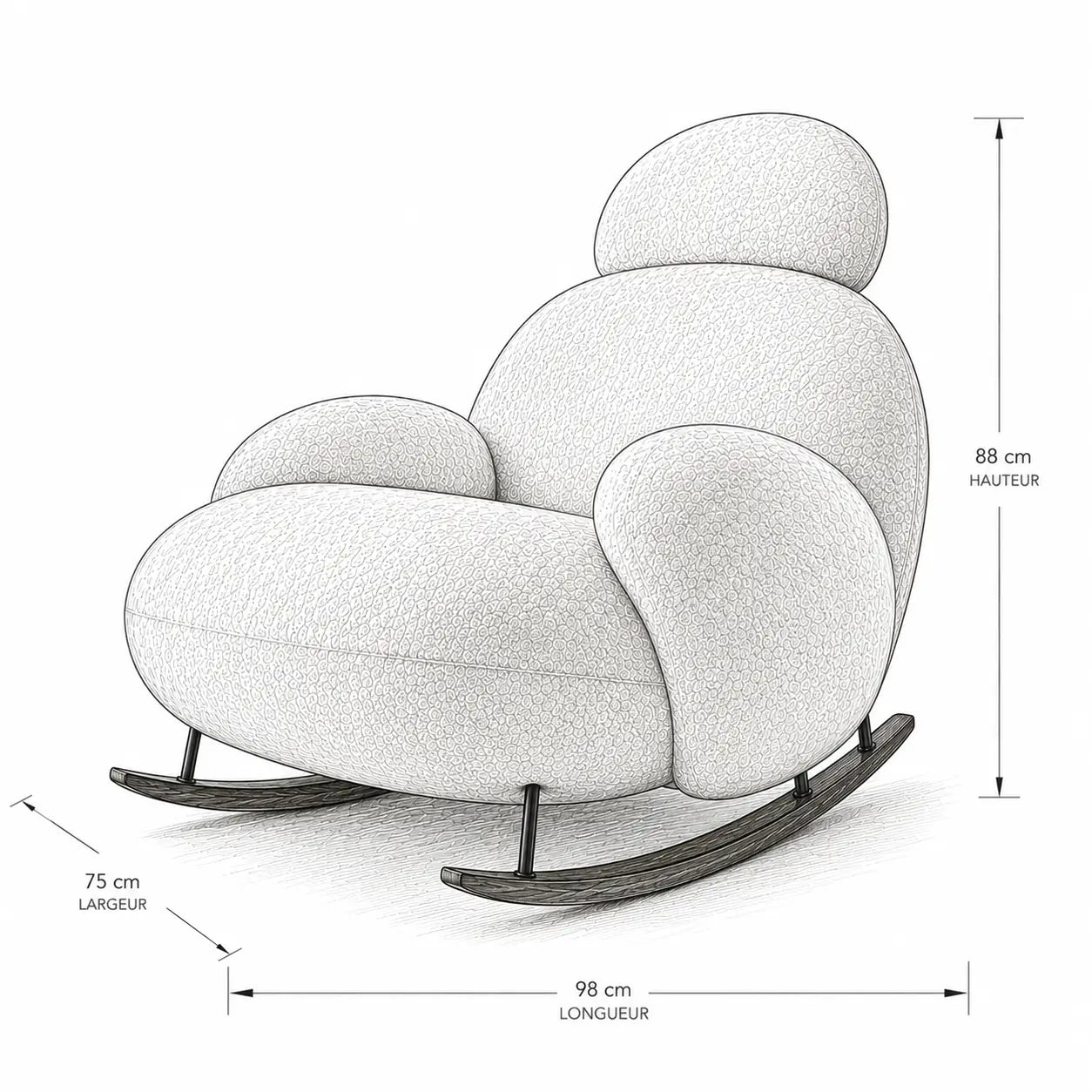Croquis technique avec dimensions du fauteuil à bascule Nubea au design organique moderne.