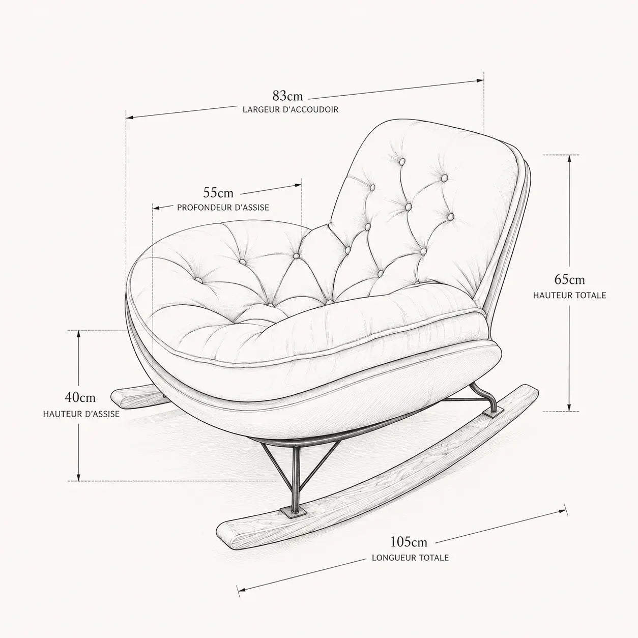 Croquis technique du fauteuil à bascule Serena avec dimensions détaillées de l’assise, de la hauteur et de la largeur.