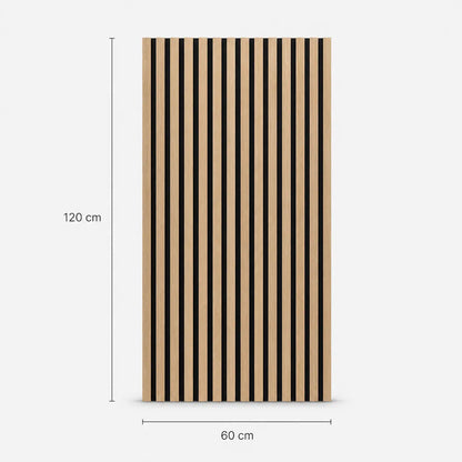 Panneau acoustique en bois avec lattes verticales et dimensions de 60 x 120 cm.