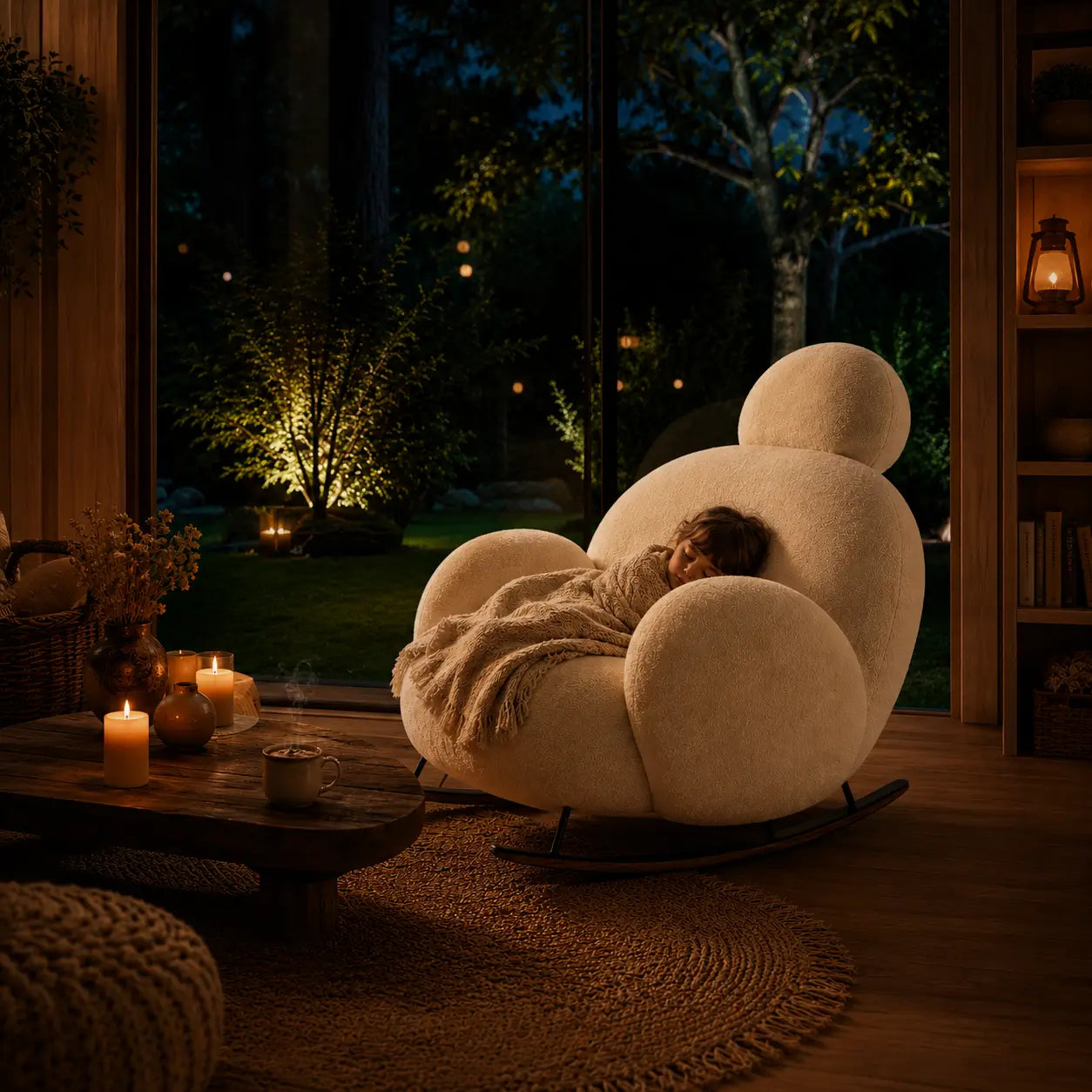 Enfant dormant paisiblement dans un fauteuil à bascule Nubea ivoire devant une grande baie vitrée avec ambiance cocooning nocturne et bougies chaleureuses.