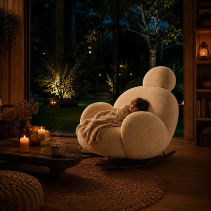 Enfant dormant paisiblement dans un fauteuil à bascule Nubea ivoire devant une grande baie vitrée avec ambiance cocooning nocturne et bougies chaleureuses.