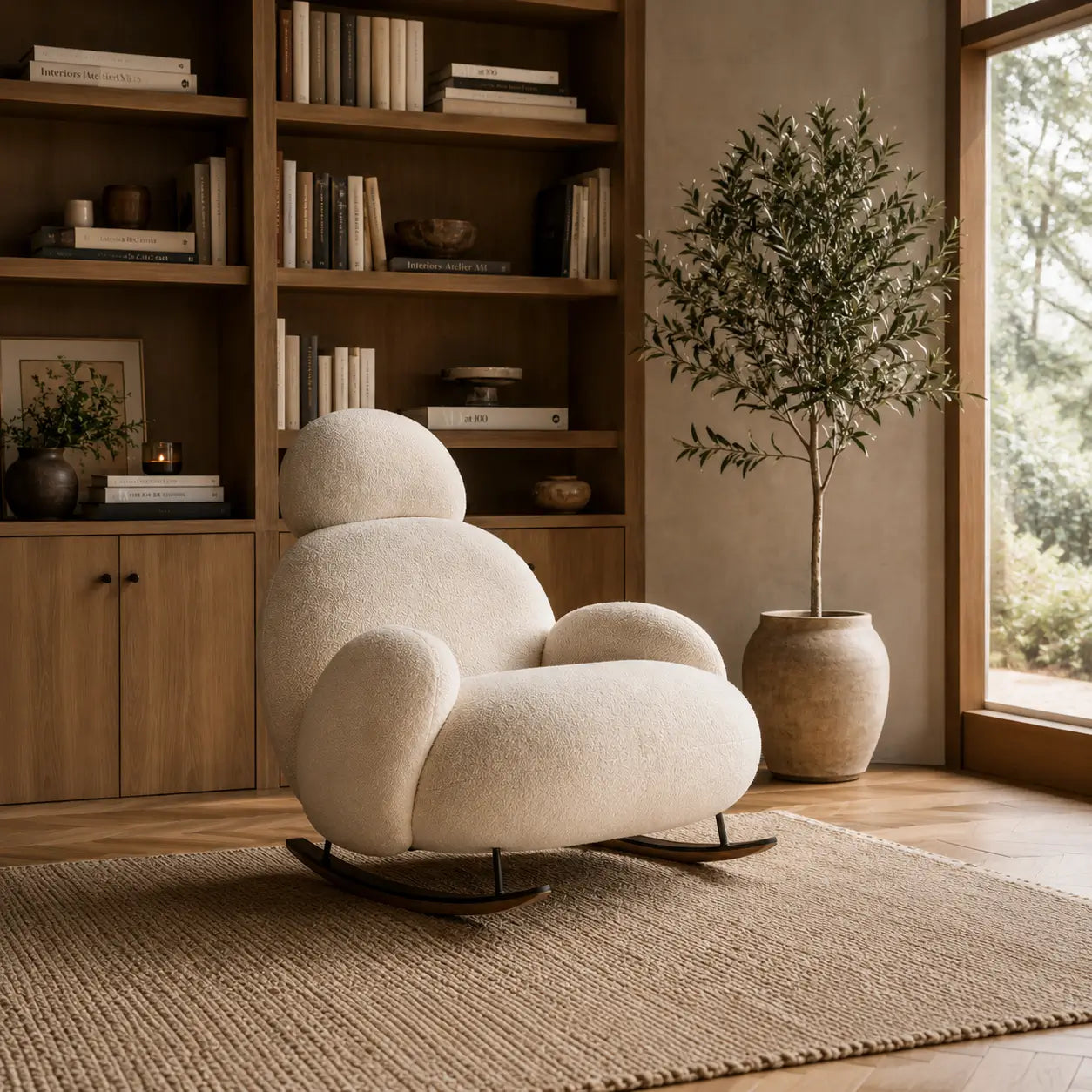 Fauteuil à bascule Nubea ivoire dans un salon Japandi avec bibliothèque en bois et olivier intérieur lumineux.