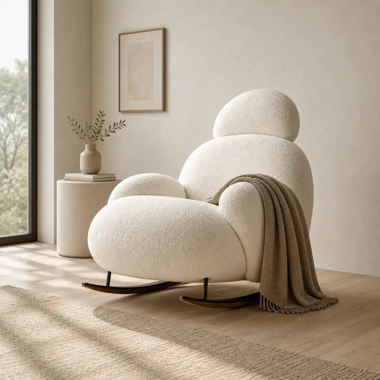 Fauteuil à bascule Nubea ivoire dans un salon Japandi minimaliste avec plaid beige et lumière naturelle chaleureuse.