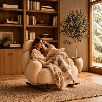 Femme lisant confortablement dans un fauteuil à bascule Nubea ivoire avec plaid dans un salon chaleureux en bois naturel style Japandi.