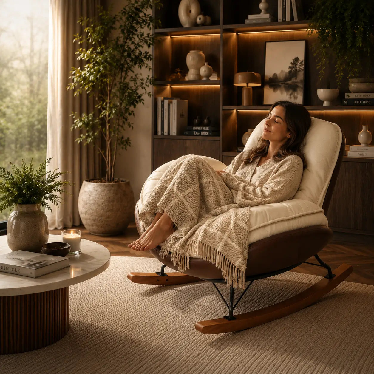 Femme relaxée assise dans le fauteuil à bascule Serena crème dans un salon chaleureux avec bibliothèque et lumière tamisée.