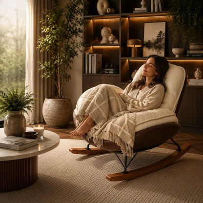 Femme relaxée assise dans le fauteuil à bascule Serena crème dans un salon chaleureux avec bibliothèque et lumière tamisée.
