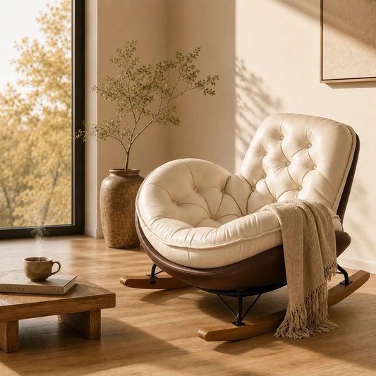 Fauteuil à bascule Serena crème dans un intérieur minimaliste japandi avec lumière naturelle et décoration chaleureuse.