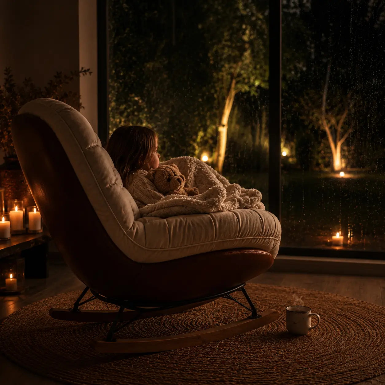 Enfant installé dans le fauteuil à bascule Serena face à une grande fenêtre la nuit avec bougies et ambiance chaleureuse.