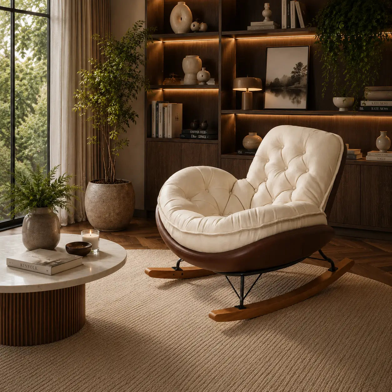 Fauteuil à bascule Serena couleur crème dans un salon chaleureux avec bibliothèque en bois, éclairage tamisé et décoration japandi premium.