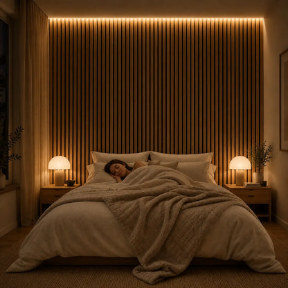 Femme endormie dans une chambre chaleureuse avec panneaux acoustiques en bois et éclairage tamisé apaisant.