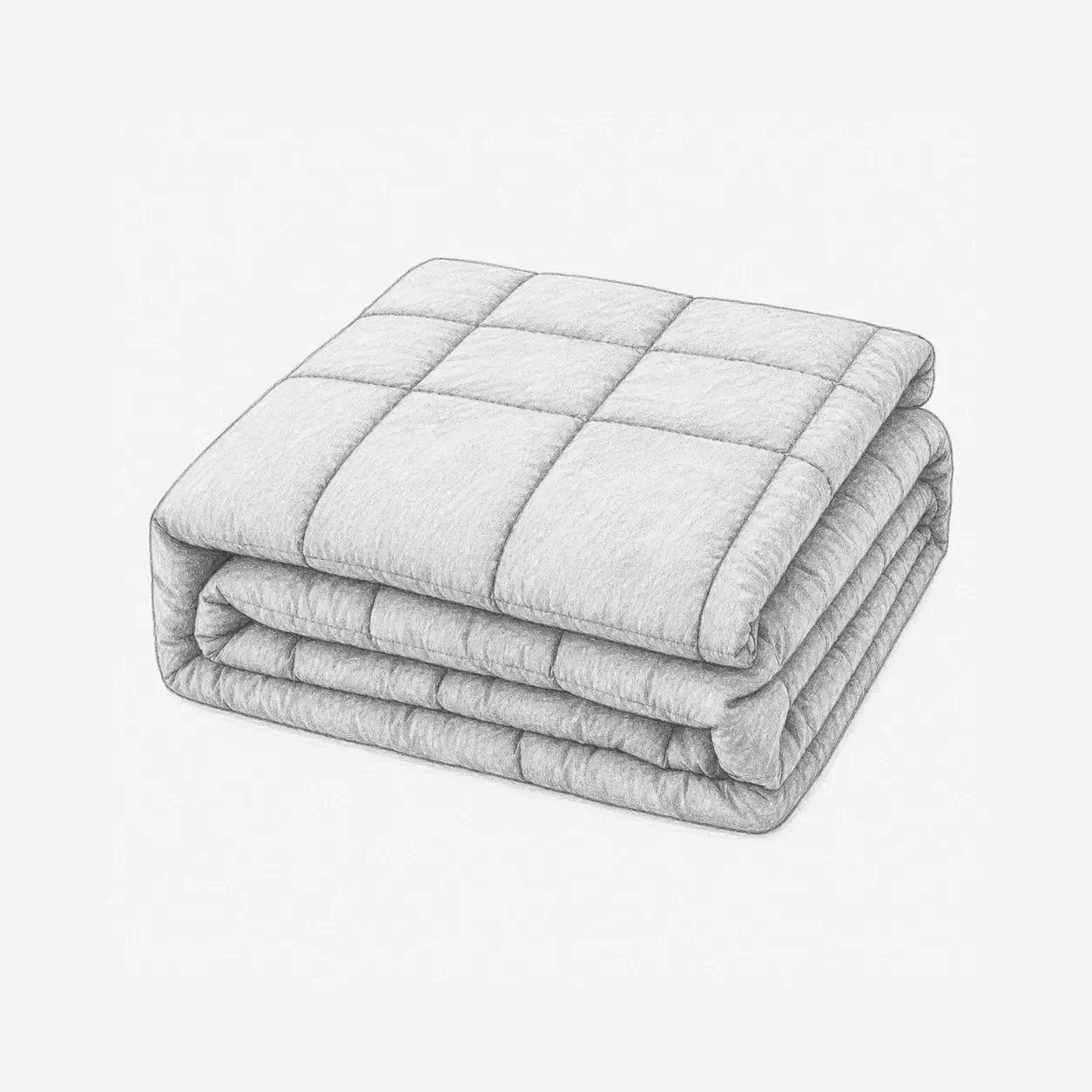 Illustration d’une couverture lestée graphite pliée avec coutures matelassées sur fond clair.
