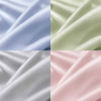 Gros plan de la texture soyeuse de la couverture rafraîchissante Marea, présentée en quatre coloris : bleu poudré, vert sauge, gris perle et rose poudré.