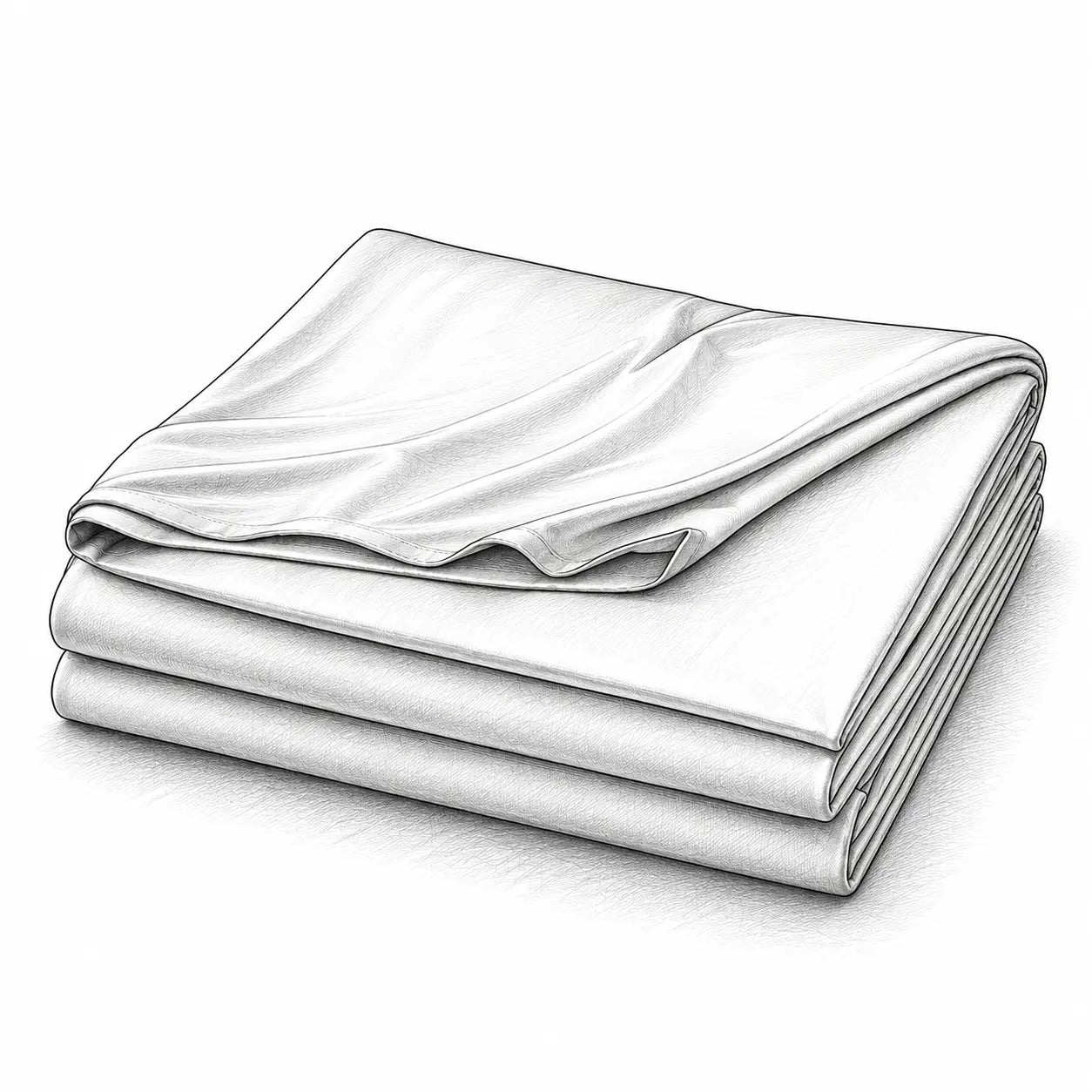 Croquis illustré de la couverture rafraîchissante Marea, représentant le produit plié avec ses drapés fluides et sa texture légère dans un style dessin au trait noir et blanc.