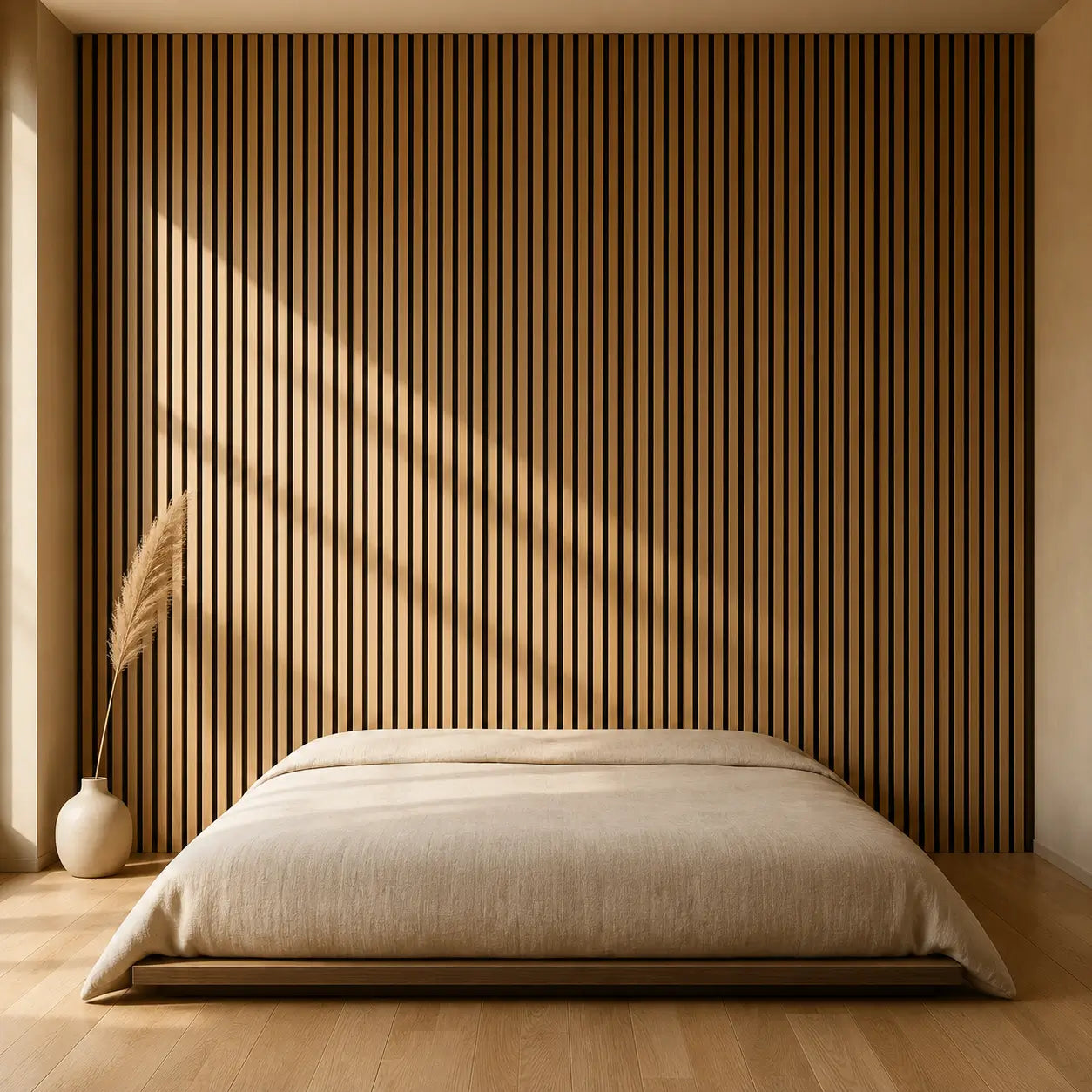 Panneaux acoustiques muraux en bois clair dans une chambre Japandi minimaliste avec lit bas et lumière chaleureuse