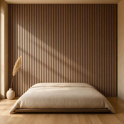Panneaux acoustiques muraux en bois clair dans une chambre Japandi minimaliste avec lit bas et lumière chaleureuse