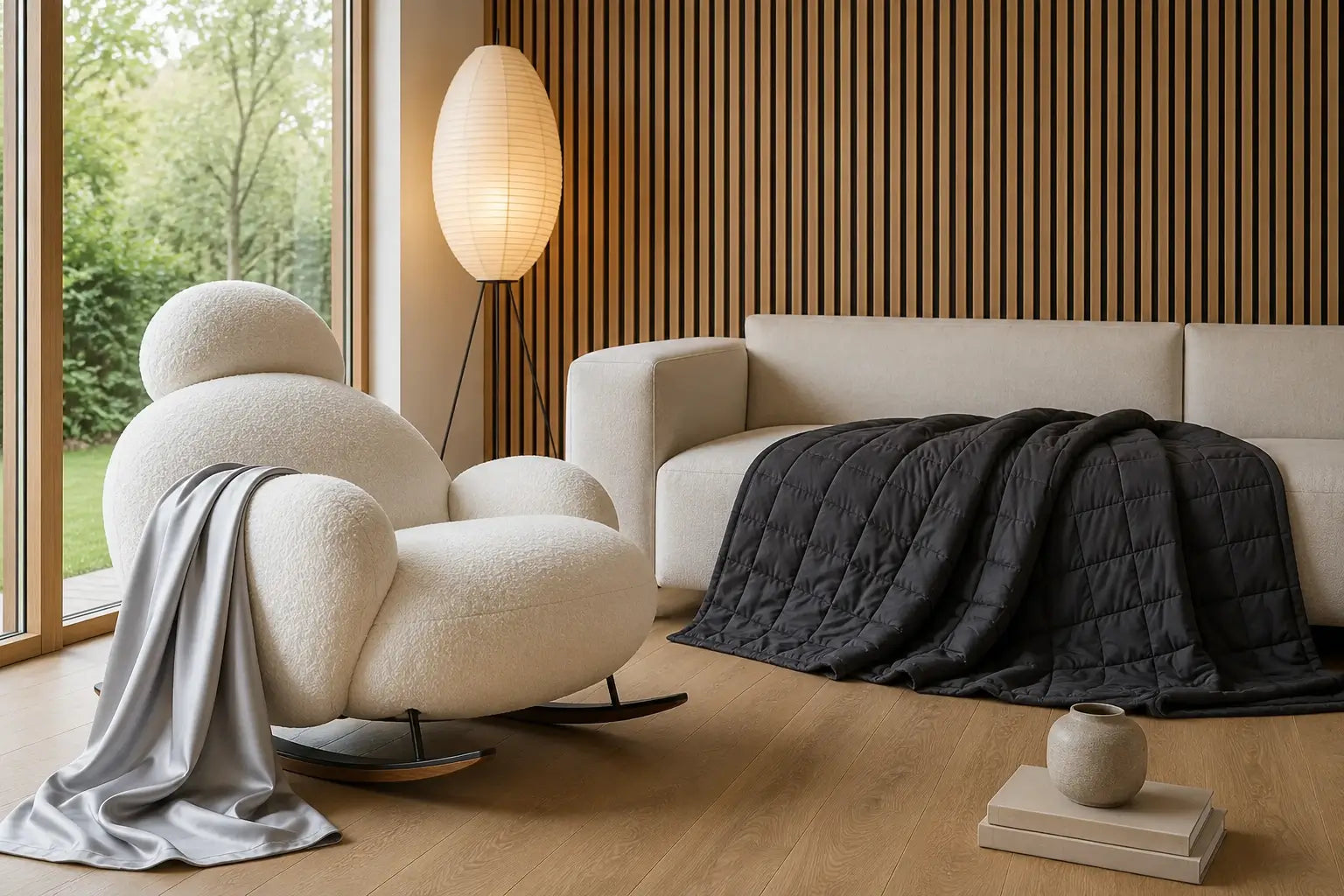 Intérieur de salon Japandi avec fauteuil à bascule, canapé minimaliste, mur en panneaux acoustiques en chêne et lumière naturelle.